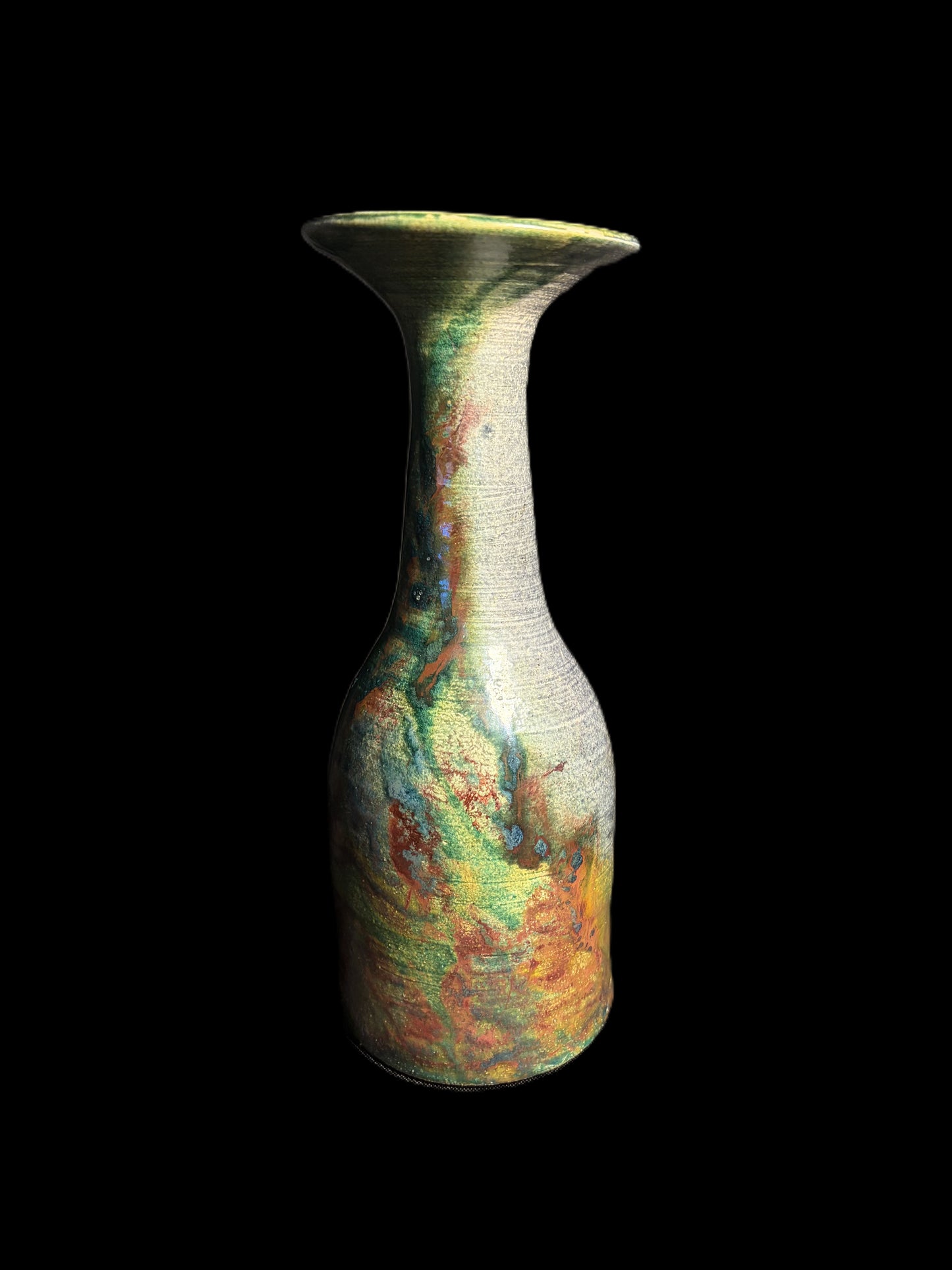 Tall Raku Green Fluted Vase