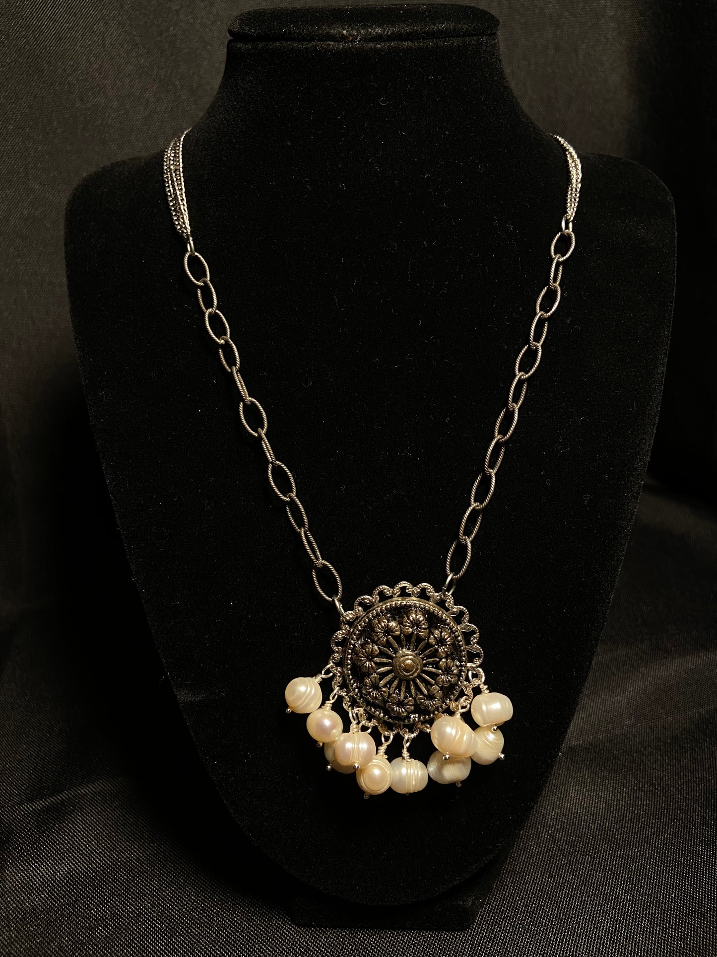 Sterling Silver Button with Pearls Necklace