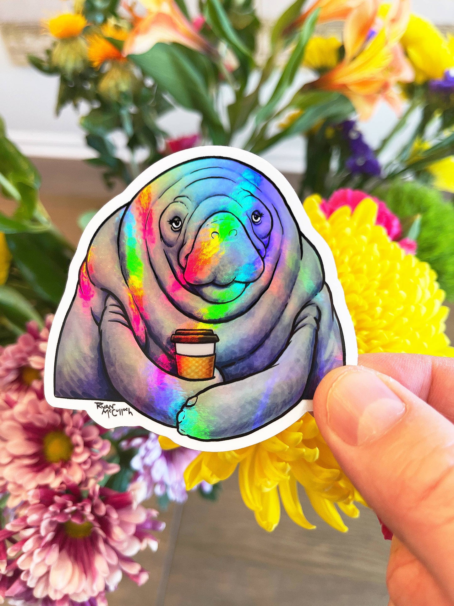 HOLOGRAPHIC STICKER: Coffee Loving Manatee