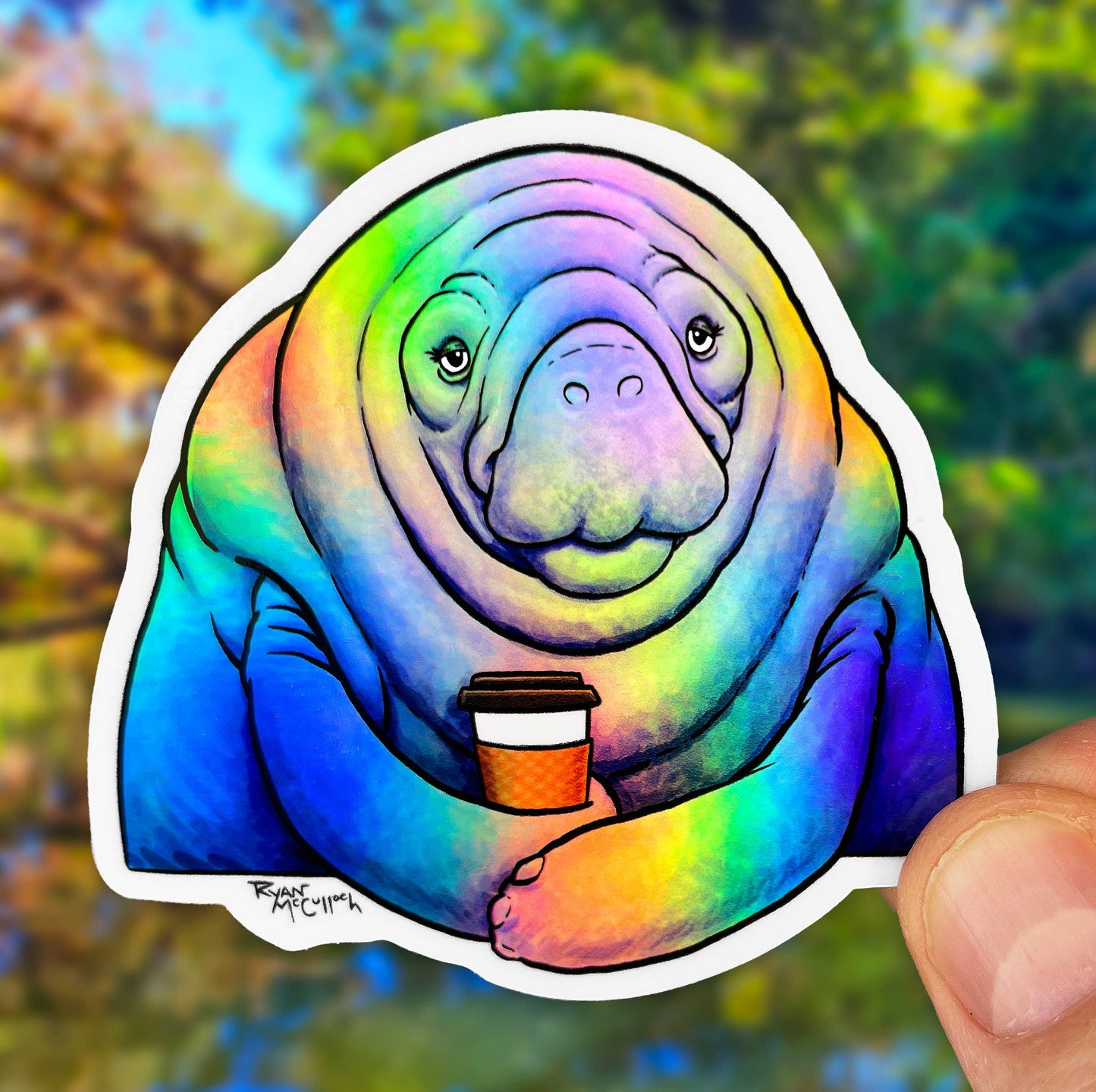 HOLOGRAPHIC STICKER: Coffee Loving Manatee