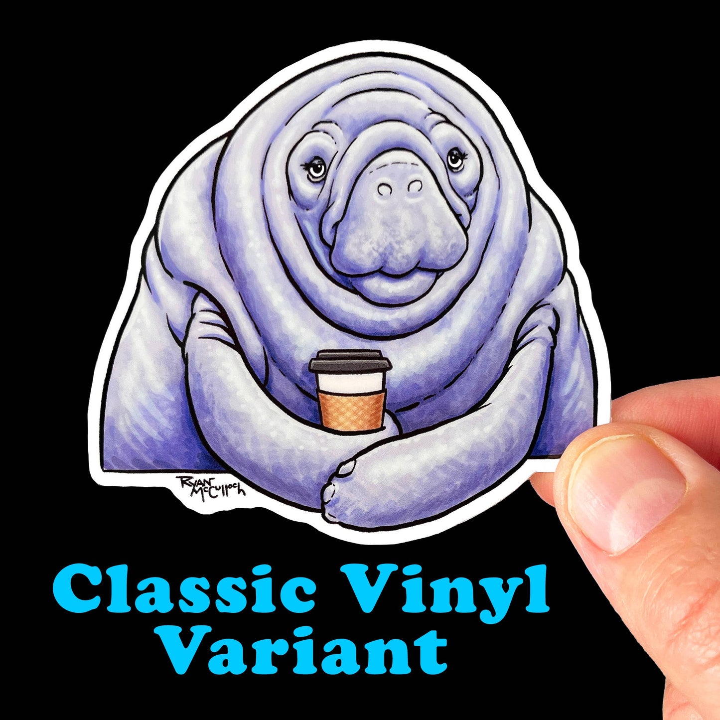 HOLOGRAPHIC STICKER: Coffee Loving Manatee