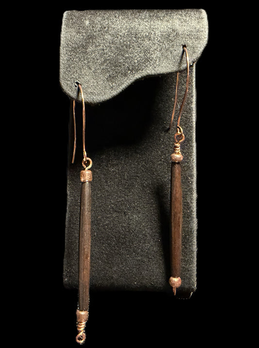 Copper, Wood and Bead Drop Earrings
